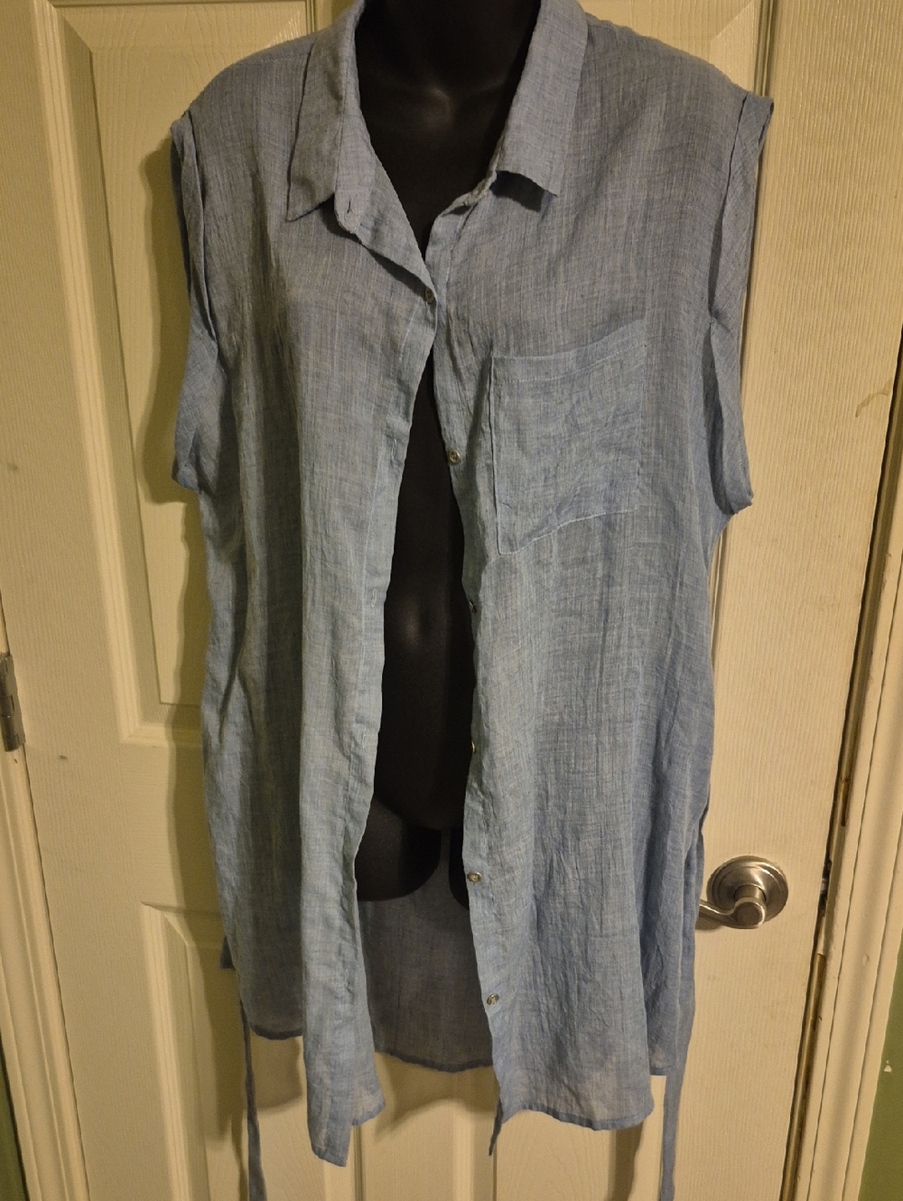 Light Blue Sleeveless Button-Front Linen Shirt